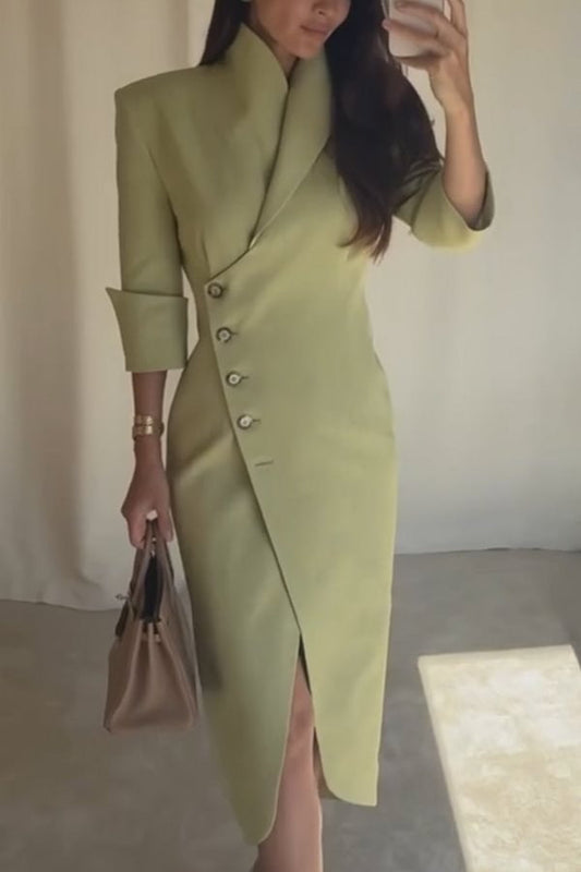 Elegant Look Linen Blend Stand Lapel Neck Half Sleeve Side Button Midi Dress