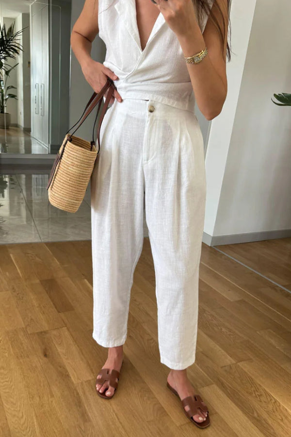 Casual Solid Lapel Vest \u0026 Pants Cotton Linen Two-piece Set