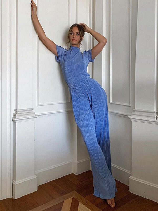 Simple Solid Color High-Neck T-Shirt Top&Wide Legs Pants 2 Pieces Set