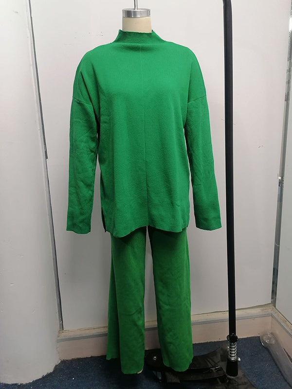 Loose Solid Color High-Neck Sweater Tops&Pants Suits
