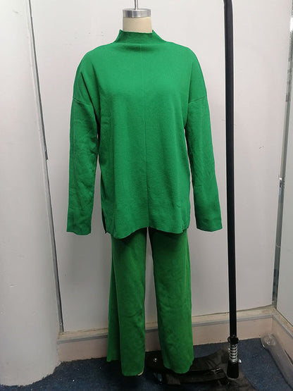 Loose Solid Color High-Neck Sweater Tops&Pants Suits