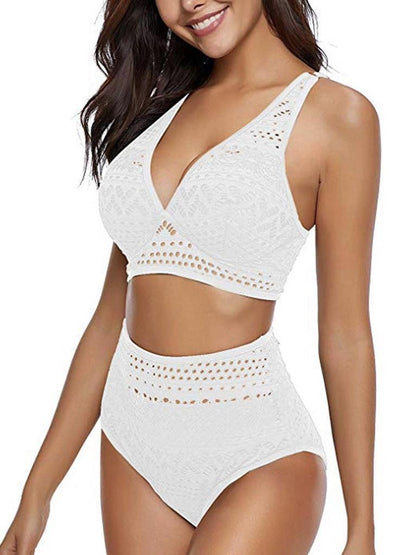 Women'S Two Pieces Crochet Lace High Waist V Neck Bikini Set