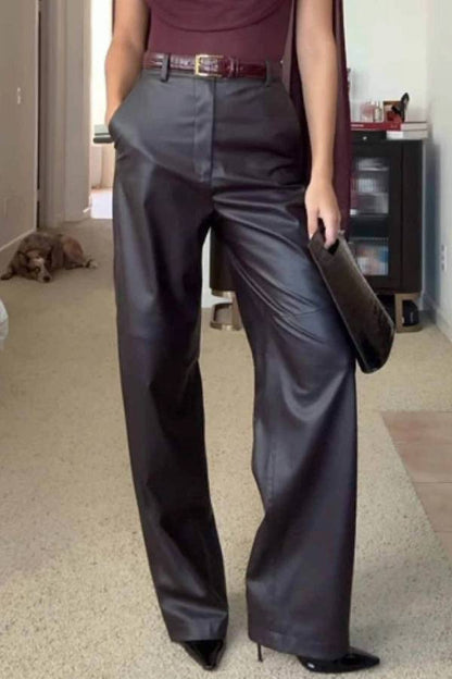 Elegant High-waist Wide-leg Faux Leather Pants