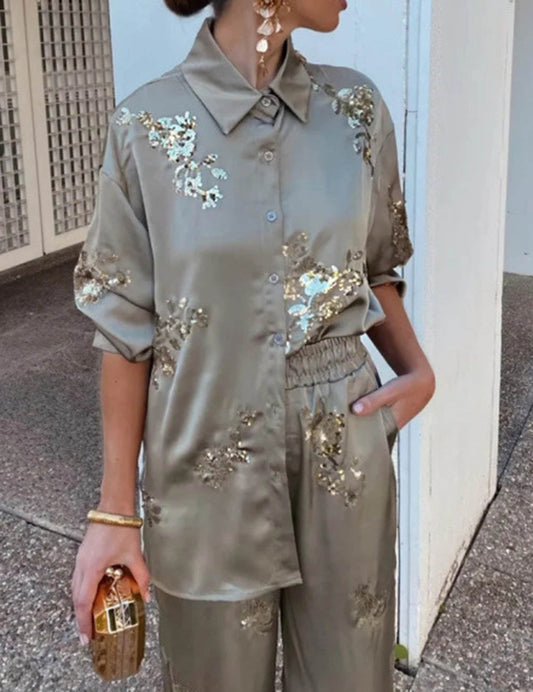 Sequin Embroidered Casual Shirt Pants Set