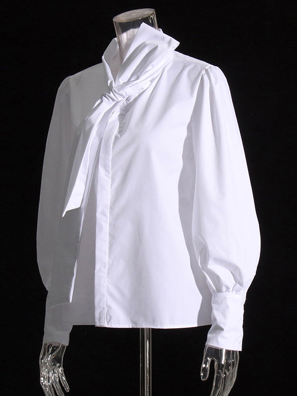 Solid Color Loose Buttoned Bowknot Puff Sleeves Blouses