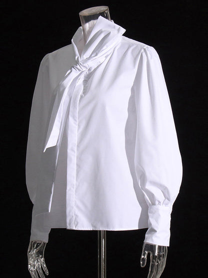 Solid Color Loose Buttoned Bowknot Puff Sleeves Blouses