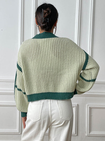 Long Sleeves Loose Contrast Color Cardigan Sweater Tops