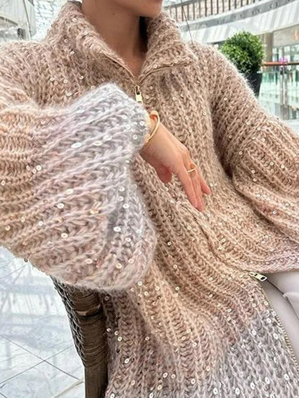 Loose Gradient Sequined Zipper High-Neck Sweater Tops