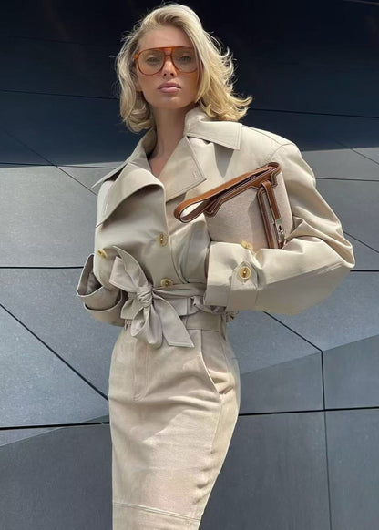 Cropped Belted Trench Jacket Polyester Matte Finish