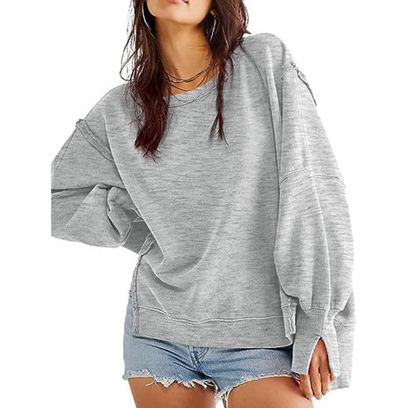 High-Low Long Sleeves Fringed Solid Color Split-Joint Split-Side Round-Neck Sweatershirt