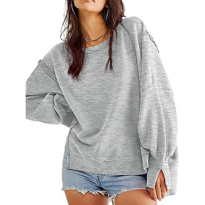 High-Low Long Sleeves Fringed Solid Color Split-Joint Split-Side Round-Neck Sweatershirt