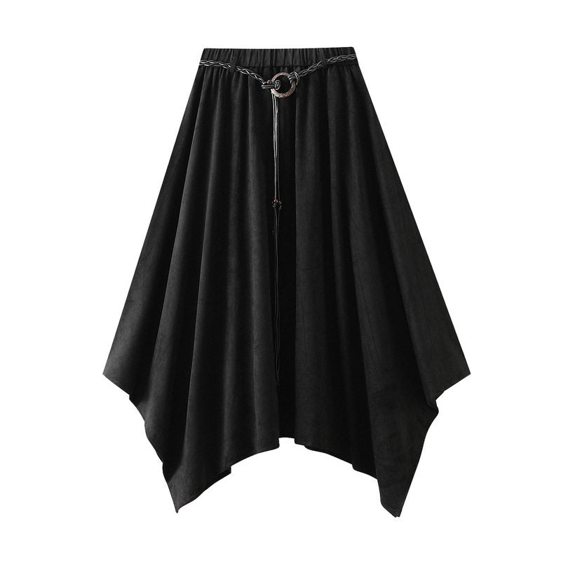 High Waist Suede Skirt With Belt And Asymmetrical Hem