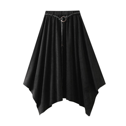 High Waist Suede Skirt With Belt And Asymmetrical Hem