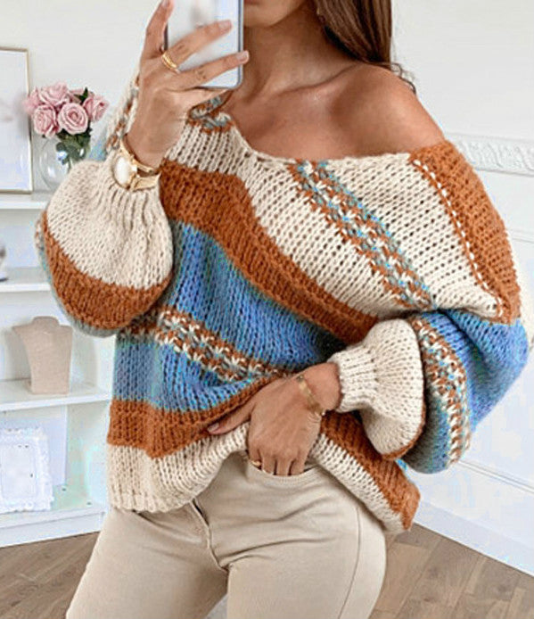 Autumn And Winter Casual Loose Solid Color Printed Sweater Sexy V-Neck Sweater