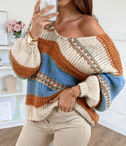 Autumn And Winter Casual Loose Solid Color Printed Sweater Sexy V-Neck Sweater