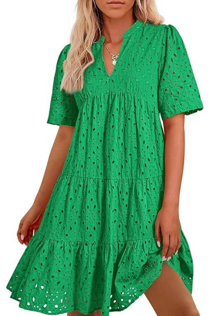 Women's V Neck Short Sleeve Hollow Out Mini Vacation Dress