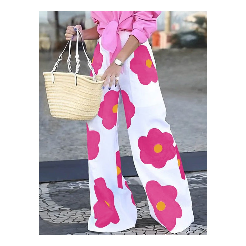 Loose Wide Leg Contrast Color Floral Printed Casual Pants Bottoms