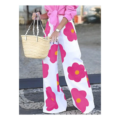 Loose Wide Leg Contrast Color Floral Printed Casual Pants Bottoms