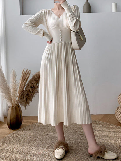 Solid Color Tied Waist Pleated Long Sleeves V-Neck Sweater Dresses