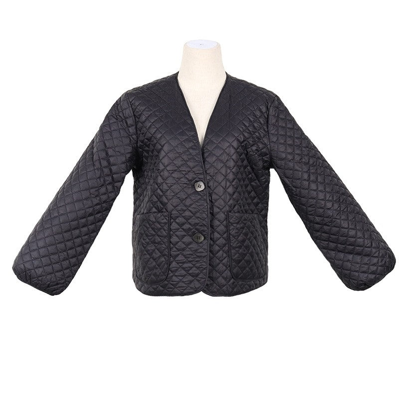 Loose Diamond Quilted Cotton Collarless Jacket