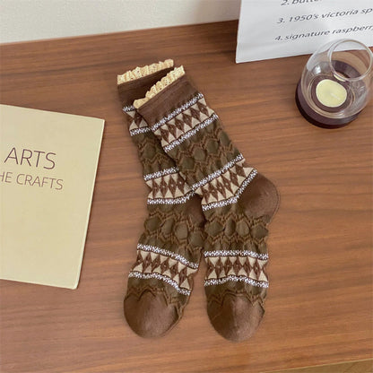 Rufia - Diamond Pattern Pleated Mid-Calf Socks