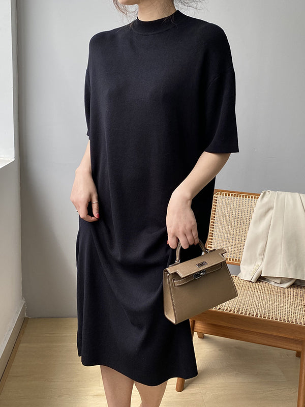 Loose Short Sleeves Solid Color Split-Joint Round-Neck Midi Dresses Sweater Dresses