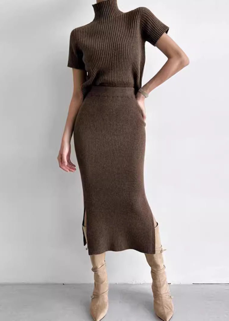 Two Piece Knit Set With Mock Neck And Skirt