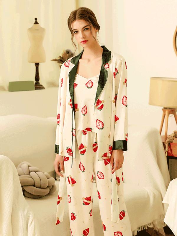 Three-Piece Set Spring And Autumn Ice Silk Pajama Set Women'S Printed Cute Strawberry Long Sleeve Cardigan Silk Strap Home Service Thin