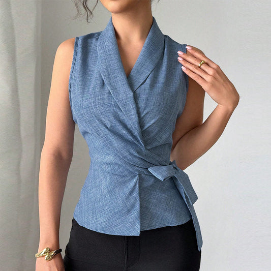 Solid Color Tie Waist Slim Vest