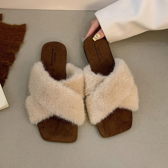 Square-Toe Cross-Strap Fuzzy Slippers
