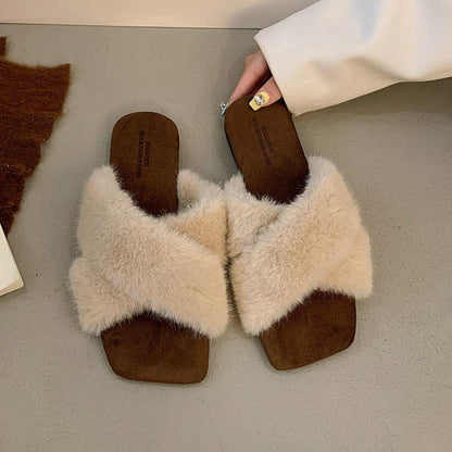 Square-Toe Cross-Strap Fuzzy Slippers