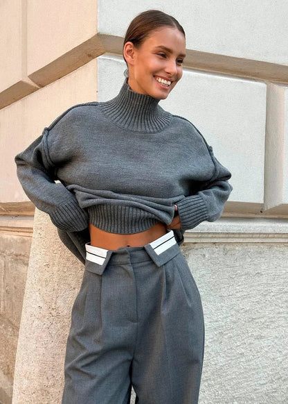 Cozy Knit Turtleneck Sweater With Patchwork