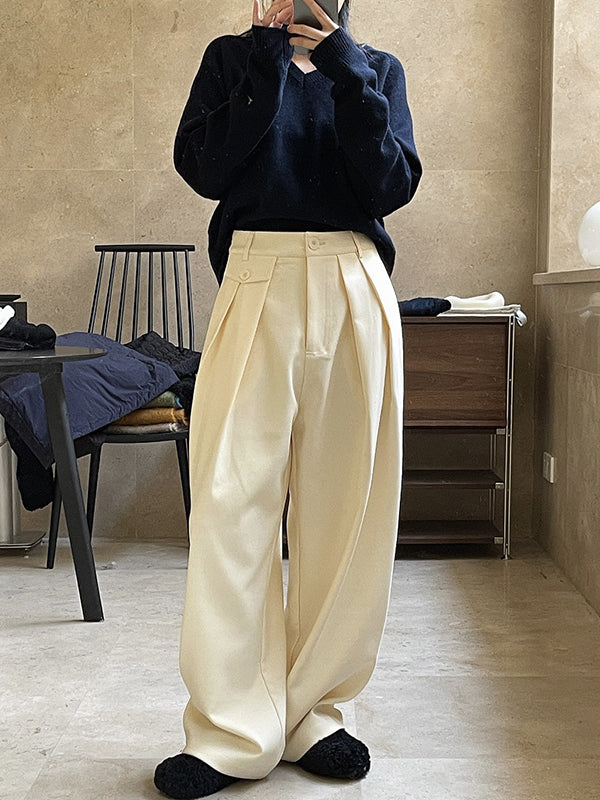 Loose Pleated Solid Color Casual Pants Bottoms
