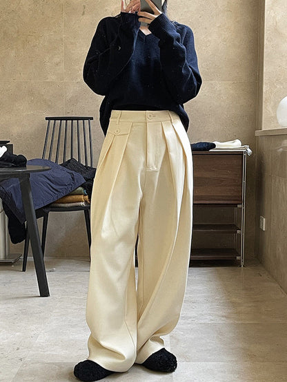 Loose Pleated Solid Color Casual Pants Bottoms