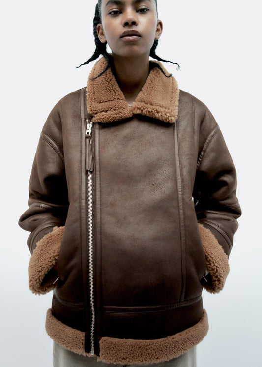 Lamb Fur Trimmed Faux Leather Aviator Jacket