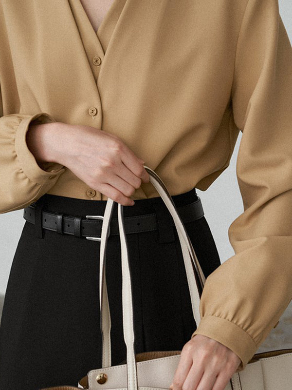Solid Color V-Cut Double Layered Buttoned Retro Long Sleeves Blouses