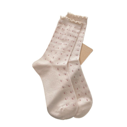 Rufia - Floral Lace-Trim Mid-Calf Socks - 4 Pretty Colors