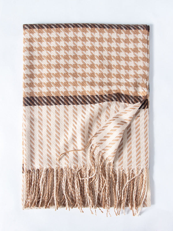 Houndstooth Plaid Tasseled Shawl&Scarf