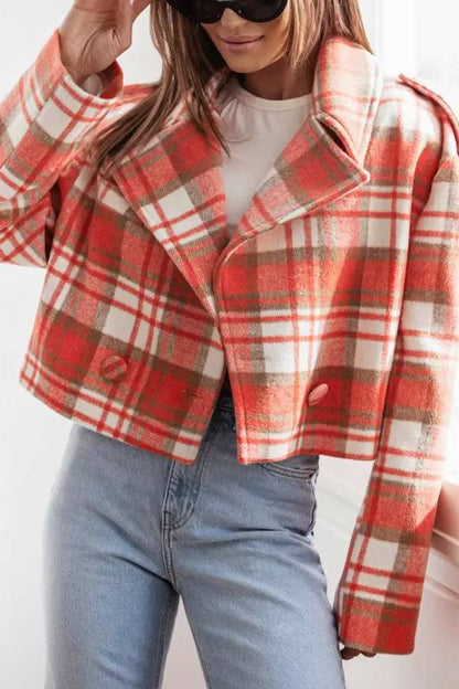 Women Fall\/Winter Turndown Collar Plaid Print Jacket