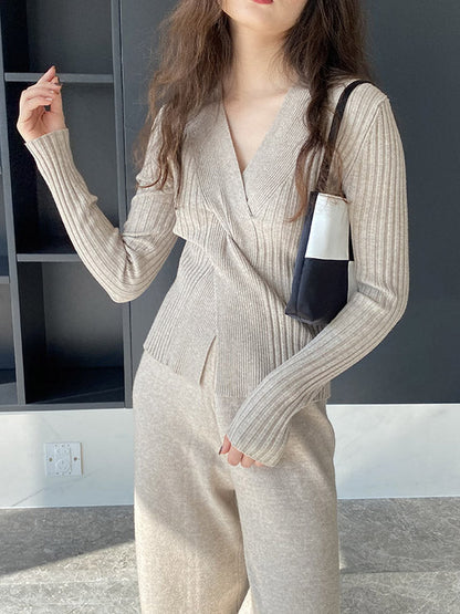 Long Sleeves Loose Knot Solid Color V-Neck Pullovers Sweater Tops