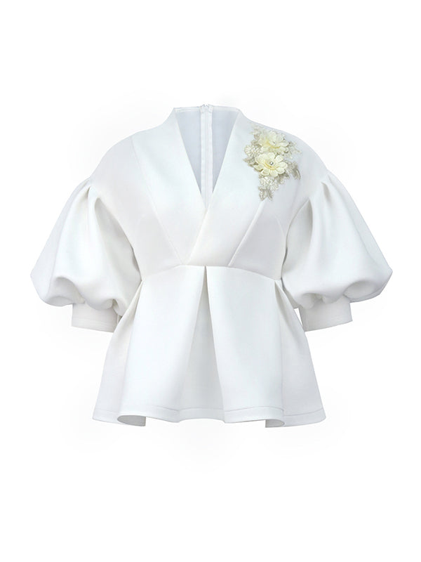 Half Sleeves Loose Asymmetric Embroidered Pleated Split-Joint Deep V-Neck Blouses&Shirts Tops