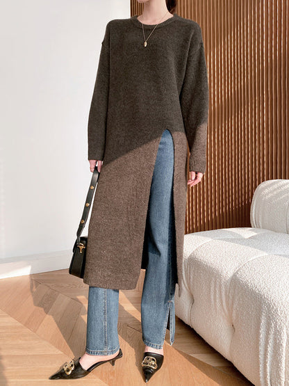 Loose Split-Side Solid Color Round-Neck Knitting Sweater Dresses