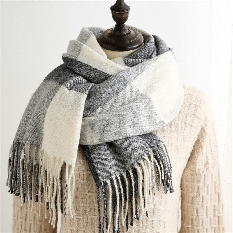 Color Block Plaid Fringe Scarf