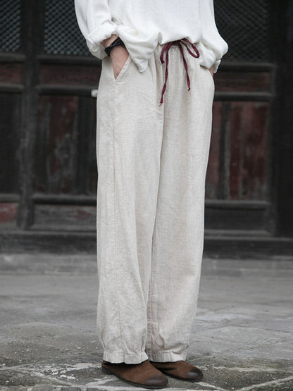 Simple Ramie Cotton Elasticity Waist Loose Knickerbockers&Capri-Pants
