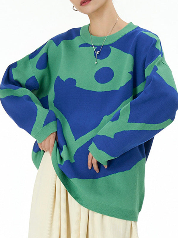 Long Sleeves Loose Contrast Color Velvet Round-Neck Pullovers Sweater Tops