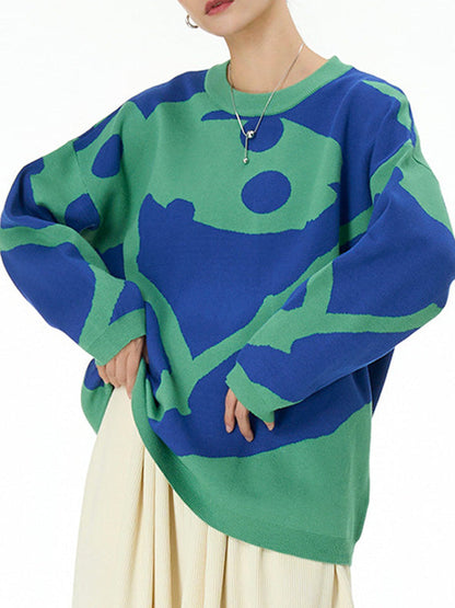 Long Sleeves Loose Contrast Color Velvet Round-Neck Pullovers Sweater Tops
