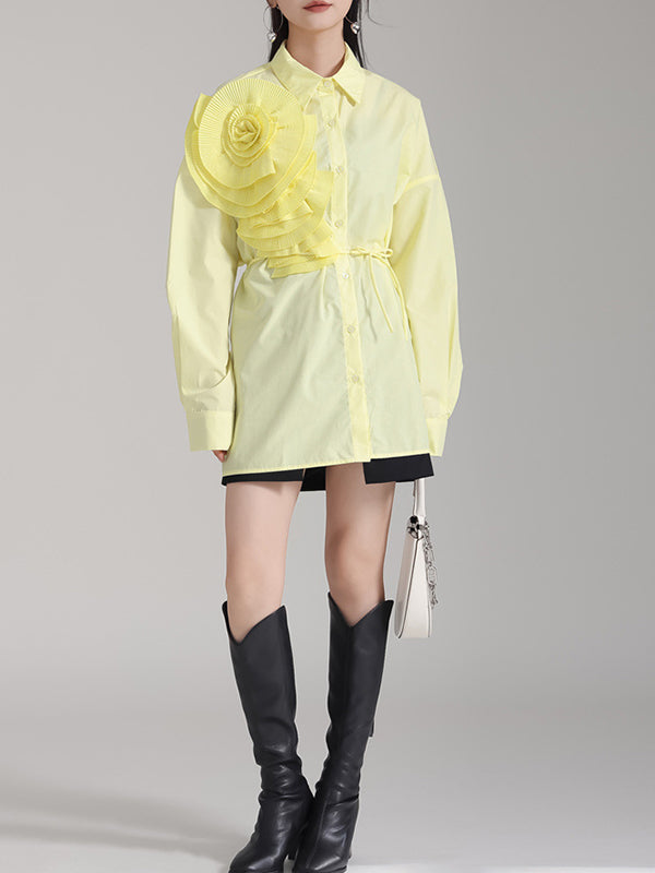 Solid Color Three-Dimensional Flower Long Sleeves Buttoned Blouses