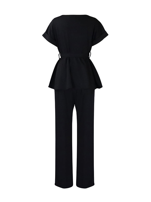 Solid Color Short Sleeves Tied Waist Round-Neck Shirts Top + High Waisted Pants Bottom Two Pieces Set