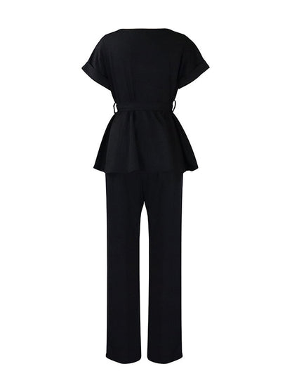 Solid Color Short Sleeves Tied Waist Round-Neck Shirts Top + High Waisted Pants Bottom Two Pieces Set