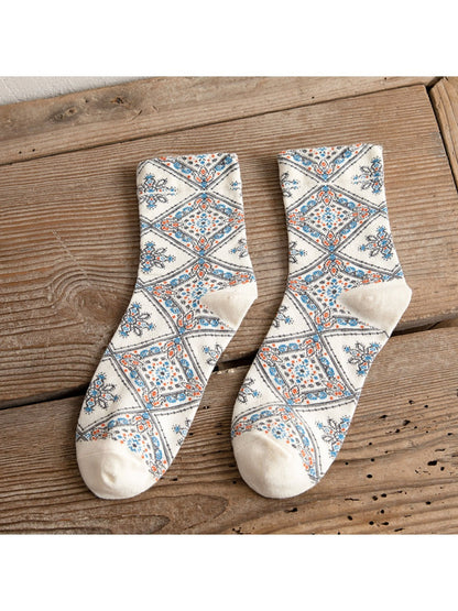 Rufia - Retro Mid-calf Socks with Diamond Floral Patterns
